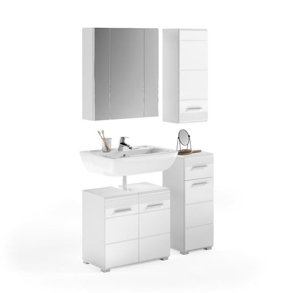 Fünfteiliges Badmöbel-Set in Weiß mit Waschbecken, Unterschrank, Spiegelschrank, Hängeschrank und Seitenschrank mit geriffelter Front.