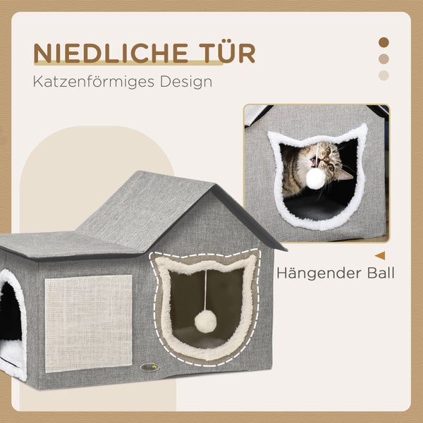 PawHut Katzenhöhle, Katzenhaus mit Kratzfläche, Katzenhütte mit Doppeltüren, Kuschelhöhle mit Kissen, Katzenbett mit Spielball, Polyester, Grau, 65 x 41 x 45,5 cm