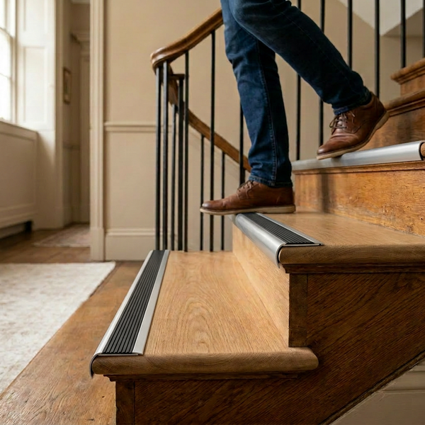 Treppenkantenprofil aus Aluminium mit schwarzer Antirutsch-Einlage auf einer Holztreppe.