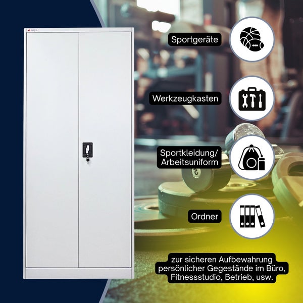 Abschließbarer Metallschrank mit zwei Türen zur Aufbewahrung von Sportgeräten, Werkzeugkästen, Kleidung und Ordnern.