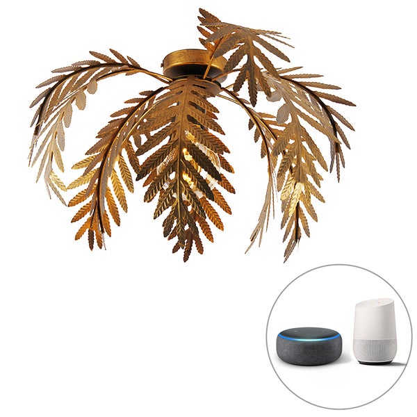 Deckenleuchte aus Metall mit Blättern in Gold, kompatibel mit Smart Home Sprachsteuerung.