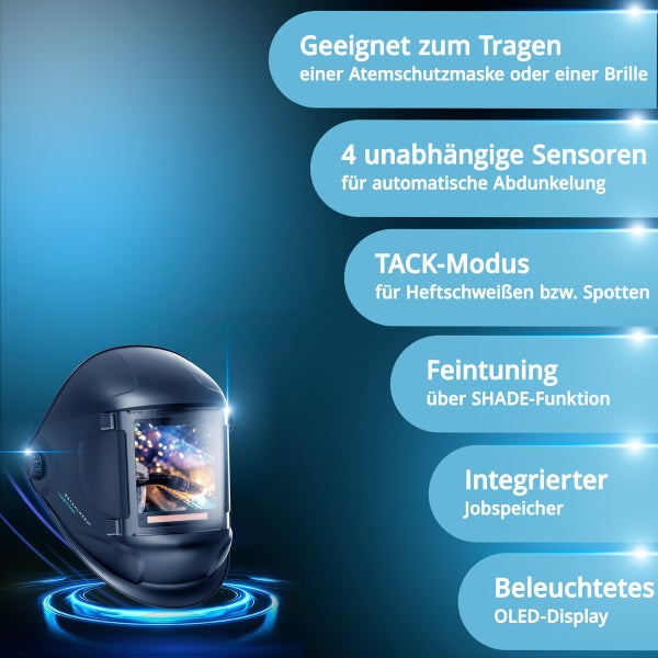 Schweissmaske mit Funktionen für Atemschutzmasken, vier Sensoren, TACK-Modus, Feineinstellung, integriertem Speicher und beleuchtetem OLED-Display
