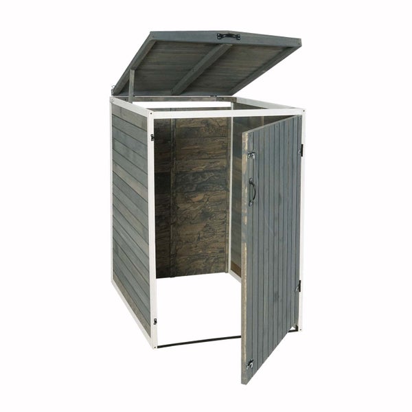 Offene graue Mülltonnenbox mit Tür und Deckel