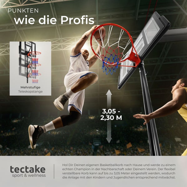 Höhenverstellbare Basketballanlage mit Teleskopstange von 2,30 bis 3,05 Meter, Basketballspieler beim Dunking, tectake sport und wellness Logo