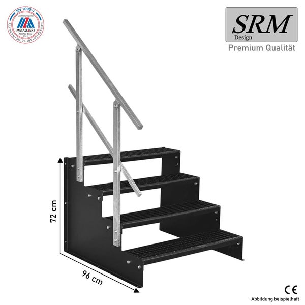SRM Design Stahltreppe mit vier Gitterroststufen und Handlauf, Höhe 72 Zentimeter, Tiefe 96 Zentimeter, SRM Design Logo, CE zertifiziert.