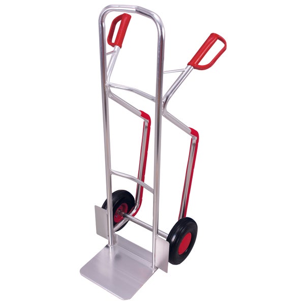 Sackkarre aus Aluminium mit roten Griffen und Rädern