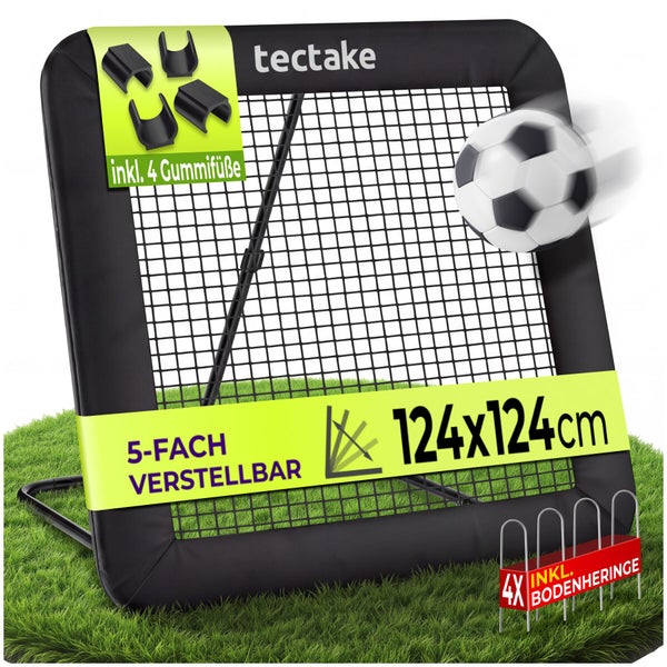 Tectake Fußball Rebounder Trainingsnetz, 124x124 Zentimeter, fünffach verstellbar, inklusive vier Gummifüßen und vier Bodenheringen.