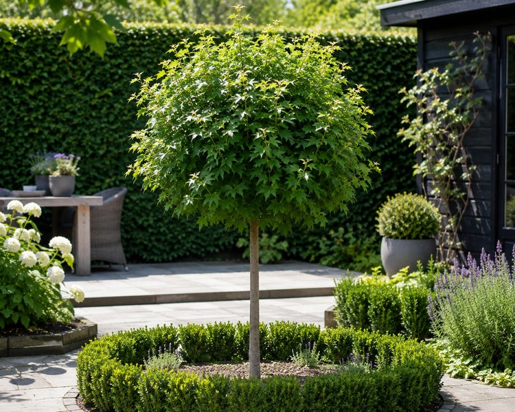 Kugel Ahorn als Hochstamm gepflanzt in einem gepflegten Garten mit Buchsbaumumrandung und Steinterrasse im Hintergrund