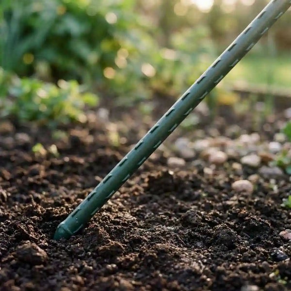 Pflanzstab aus Kunststoff mit gerippter Oberfläche im Gartenboden steckend als Rankhilfe für Pflanzen