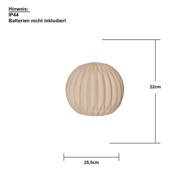 Dekorative Kugelleuchte mit den Maßen 22 cm Höhe und 25,5 cm Breite. Schutzart IP44. Batterien nicht enthalten.