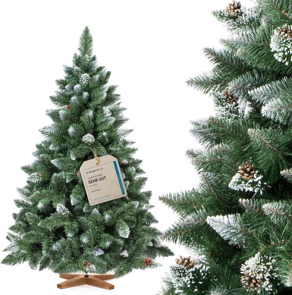 Künstlicher Weihnachtsbaum mit Tannenzapfen und Schneeoptik auf Holzständer mit Auszeichnung Sehr Gut von Vergleich.org
