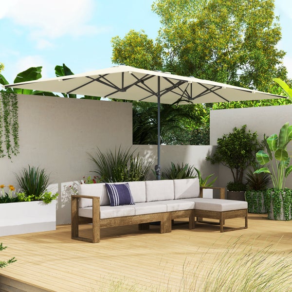 Outsunny Doppelsonnenschirm mit Kurbel 451 x 264 cm, UV Schutz 50+ Sonnenschirm, windfest Gartenschirm Balkonschirm Aluminium Marktschirm Sonnenschutz für Balkon Terrasse Garten Cremeweiß