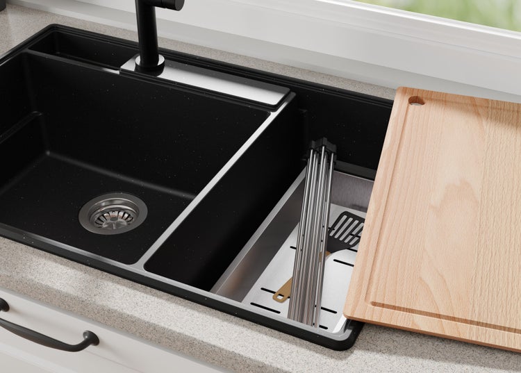 PRIMAGRAN Granitspüle Schwarz Metallic 78x53cm, Spülbecken 2 Becken + Küchenarmatur 40x20cm + Ablauf-Set + Küchenzubehörset, Küchenspüle ab 80er Unterschrank - Paris