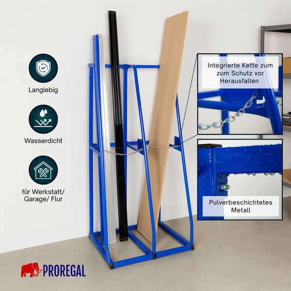 Blaues Plattenregal aus pulverbeschichtetem Metall mit Sicherheitskette für Werkstatt und Garage, langlebig und wasserdicht. Proregal Logo.