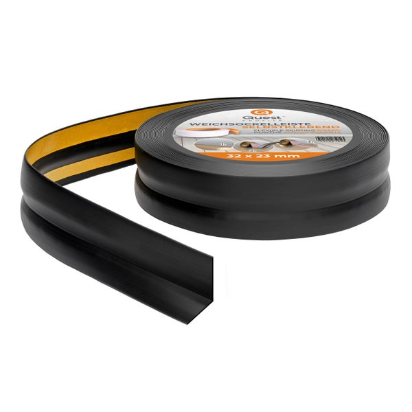 Quest Weichsockelleiste Selbstklebend 32 x 23 mm, PVC Sockelleiste, Flexibel, Schwarz, 5 Meter