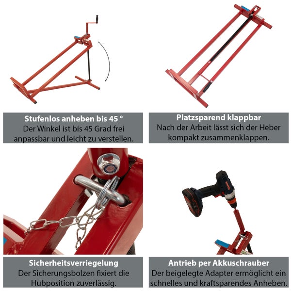 Balkenheber mit flexibler Winkeleinstellung, klappbarem Design, Sicherheitsverriegelung und Akkubohrmaschinenantrieb