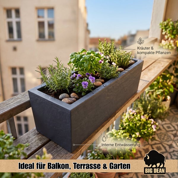 Rechteckiger Blumenkasten für Balkon und Terrasse mit Pflanzen, inklusive Hinweisen zu Kräutern, kompakter Bepflanzung und interner Entwässerung.