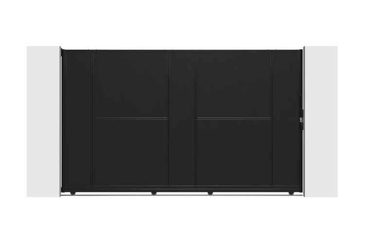 Modernes Schiebetor aus Aluminium in Schwarz, blickdichtes Design mit horizontalen Linien, zwischen zwei Pfosten montiert.