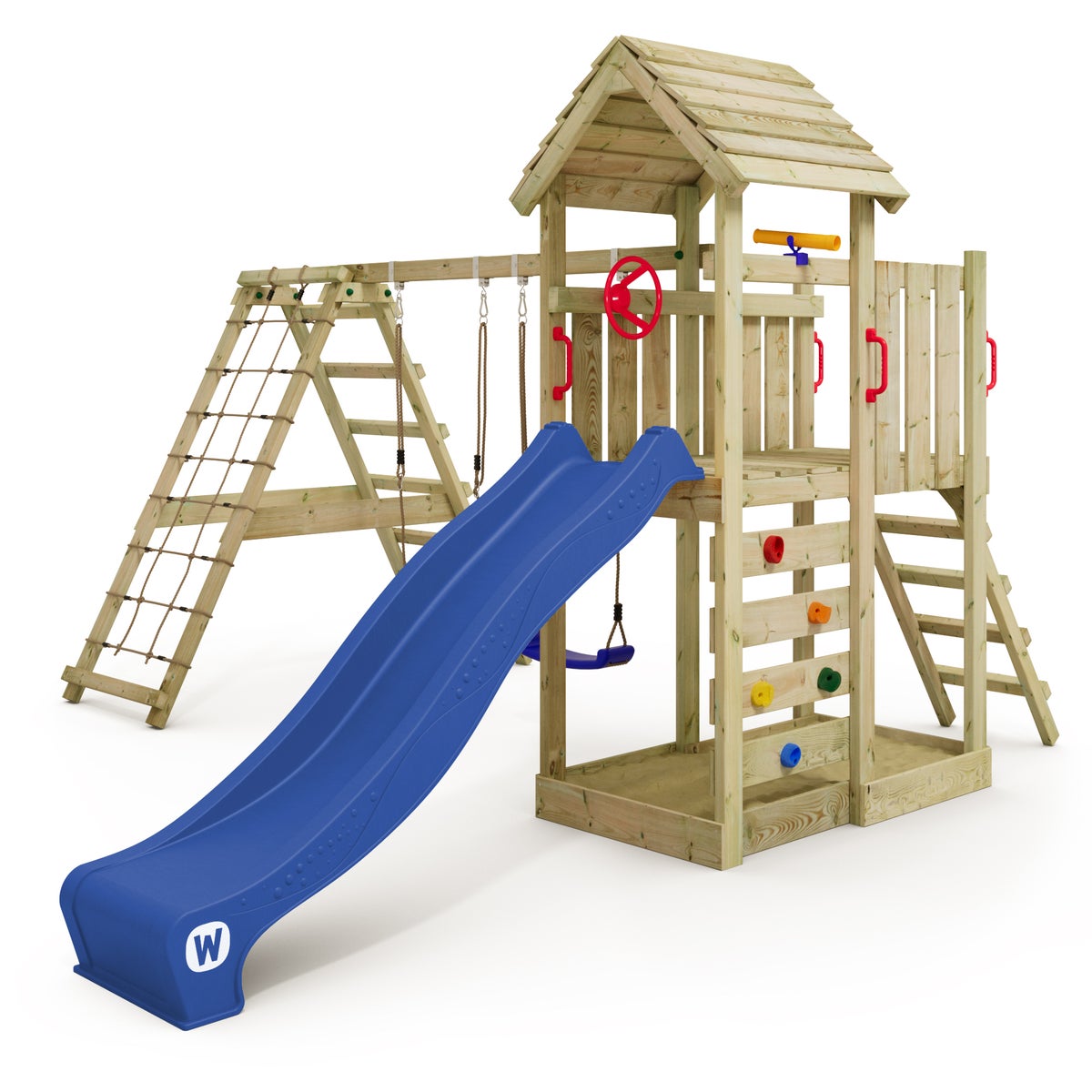 WICKEY Spielturm Klettergerüst RocketFlyer mit Schaukel und Rutsche, Kletterturm mit Sandkasten, Kletteranbau und Spiel-Zubehör - blau