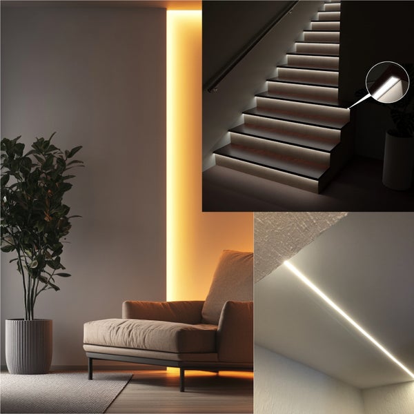 LED-Aluminium-Einbauprofil für indirekte Beleuchtung, angewendet als Treppenbeleuchtung oder Deckenbeleuchtung in einem modernen Wohnraum.