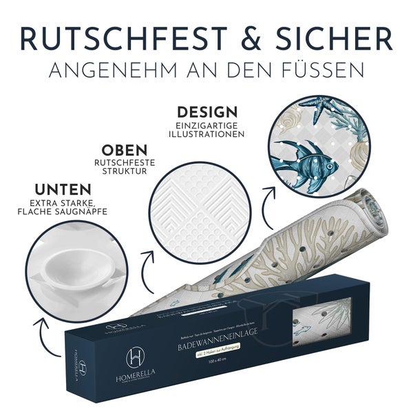 Homerella® Badewannenmatte rutschfest 100% BPA frei inkl. 2 Haken zum Aufhängen 100x40cm - Antirutschmatte Badewanne hautsensitiv & schimmelresistent - Badematte rutschfest maschinenwaschbar