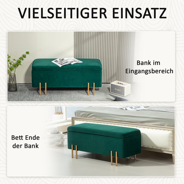 HOMCOM Sitzbank mit Stauraum Polsterbank mit Samtoptik, Sitztruhe mit Metallbeine, Truhenbank für Wohnzimmer Schlafzimmer Flur 100 x 40 x 42 cm, Grün