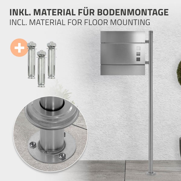 Standbriefkasten inklusive Montagematerial für Bodenbefestigung mit Schwerlastankern und Detailansicht der Fußplatte.
