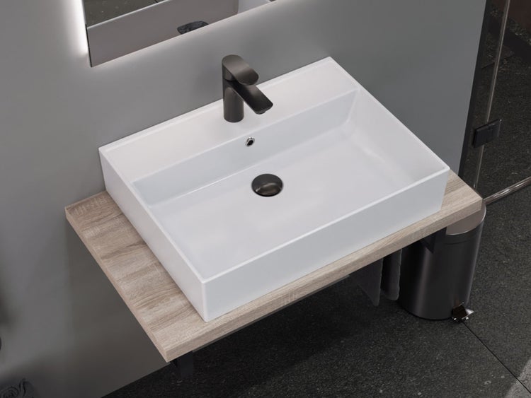 Aqua Bagno Basic Plan Waschbecken 10.16.30.04.2 – 60 x 45 cm – Weiß Hochglanz – Keramikbecken mit Hahnloch & Überlauf