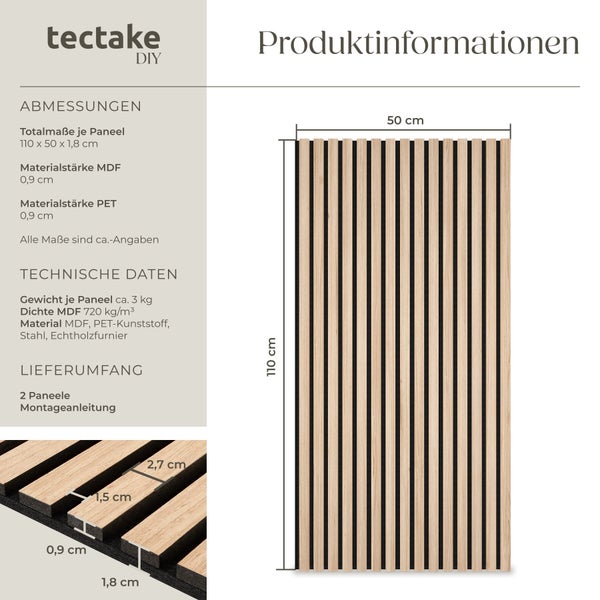 Produktinformationen zu einem Wandpaneel aus MDF, PET-Kunststoff, Stahl und Echtholzfurnier mit den Maßen 110 x 50 x 1,8 cm