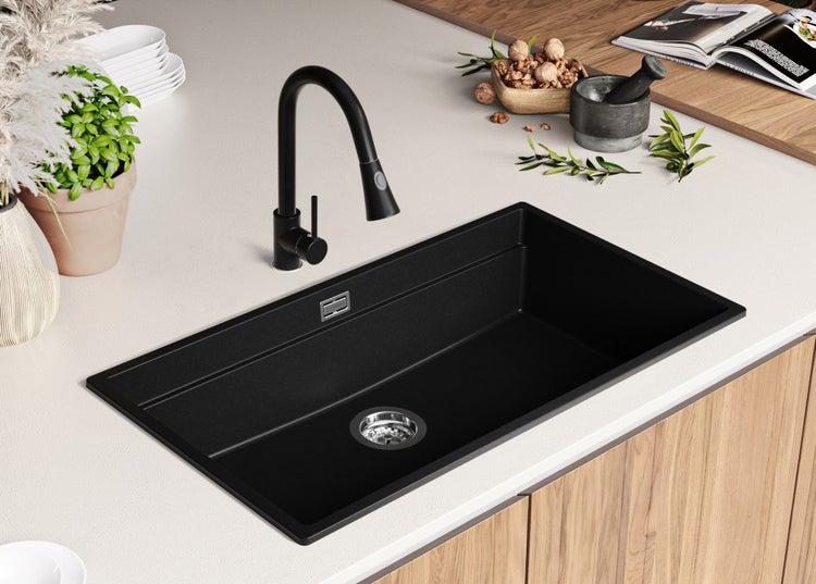 PRIMAGRAN Spülbecken Schwarz 86x47cm, Granitspüle 1 Becken + Ablauf-Set + Aufrollbare Abtropffläche, Küchenspüle ab 90er Unterschrank - Praga Slim