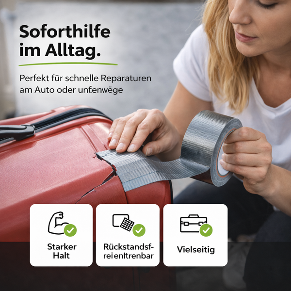 Eine Frau repariert einen Riss in einem roten Koffer mit silbernem Panzerband. Symbole für starken Halt, rückstandsfreie Entfernung und Vielseitigkeit.