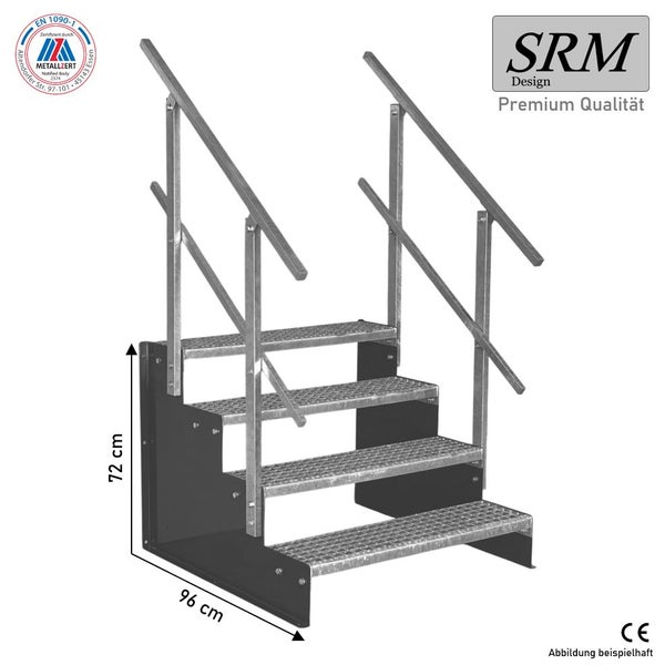 SRM Design Außentreppe aus Metall mit 4 Gitterroststufen, beidseitigem Geländer, Höhe 72 Zentimeter, Tiefe 96 Zentimeter, EN 1090-1 zertifiziert.