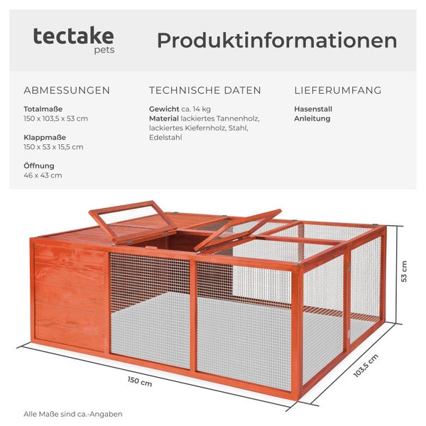 Tectake Pets Hasenstall aus lackiertem Tannenholz und Kiefernholz mit Drahtgitter und aufklappbarem Dach inklusive Maßangaben.