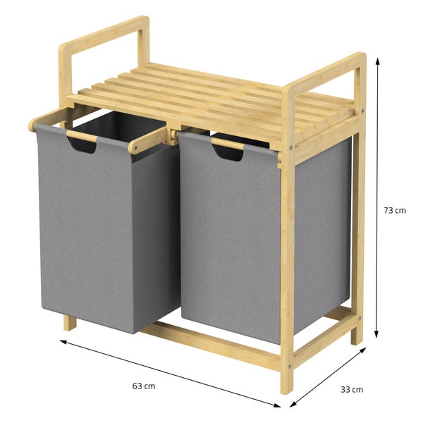 ML-Design Wäschekorb aus Bambus, Grau, Wäschebox mit 2 Fächern, Wäschesammler mit 2 ausziehbaren Wäschesäcken 60 L, Wäschetruhe mit Ablage, Wäschesortierer für Badezimmer, Wäschetonne mit Regal