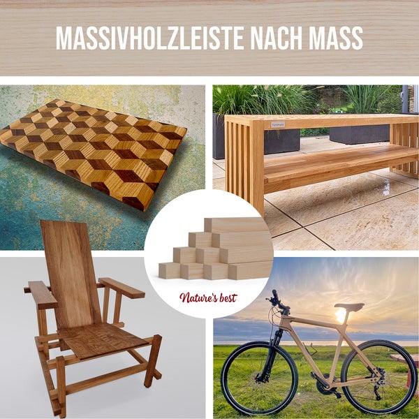 Collage mit Massivholzprodukten: Schneidebrett mit 3D-Muster, Regal, Stuhl, Holzwürfel, Fahrrad