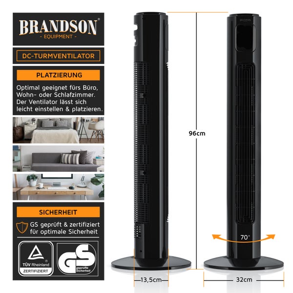 Brandson Turmventilator, 12 Geschwindigkeitenstufen, DC-Motor, ECO Modus, Standventilator Ventilator, Timer + 4 Betriebsmodi + inkl. Fernbedienung