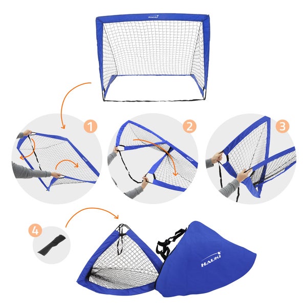 Hauki 2er Fußballtor Kinder Set 120x95x97 cm, Blau, Fußball Tore für Kinder & Erwachsene, tragbar, schneller Aufbau, Training Fußballnetz, Klappbares Pop Up Tore für den Garten & Park, mit Tasche