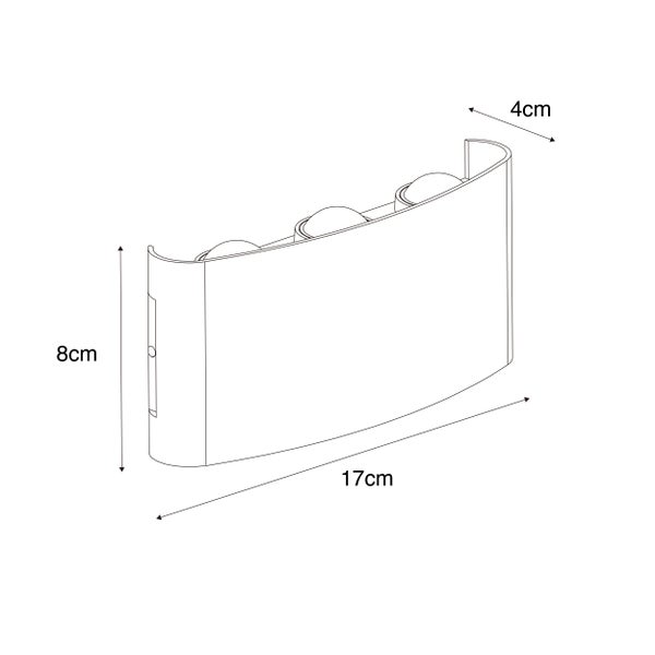 Technische Zeichnung einer Wandleuchte mit den Maßen: Breite 17 Zentimeter, Höhe 8 Zentimeter und Tiefe 4 Zentimeter.