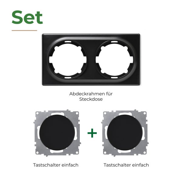 Set bestehend aus einem zweifachen Abdeckrahmen und zwei einfachen Tastschaltern zur Elektroinstallation