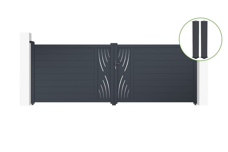 Flügeltor 4m VELETA H.140cm graues Aluminium + 2 Pfosten 20x20cm H.166cm