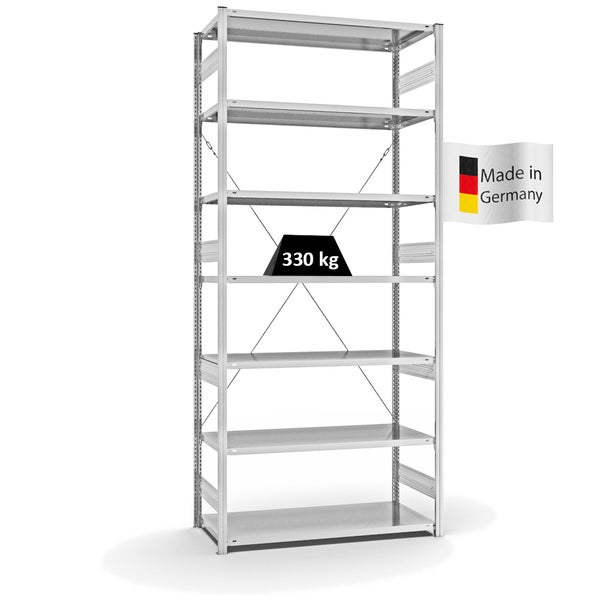 PROREGAL Fachbodenregal Stecksystem T-Profil Heavy-Duty Grundregal HxBxT 300 x 130 x 60 cm 7 Ebenen Fachlast 330 kg Einseitig Nutzbar Lichtgrau