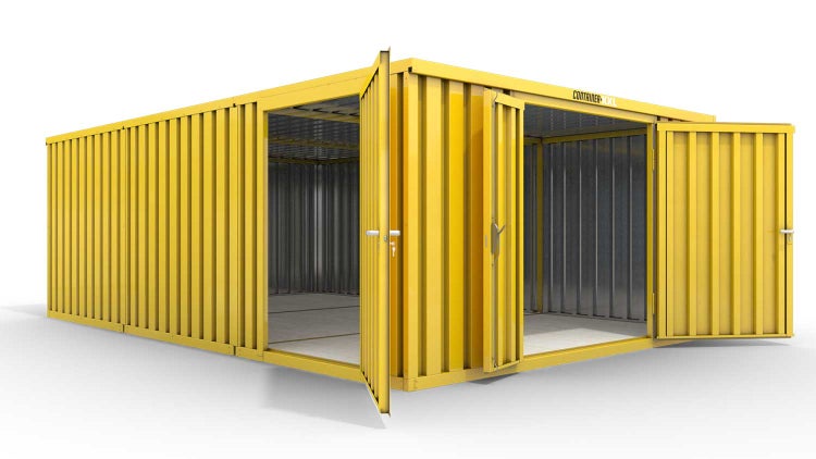 Lagercontainer Gerätehaus XL3  – 32 qm, H2150 x B5080 x T6520 mm, Außenwandlackierung RAL 1003 signalgelb, Dach außen verzinkt, mit Holzfußboden, 1830 mm Doppelflügeltür mittig in Stirnseite und 1270 mm Einflügeltür mittig in Modul C, montiert