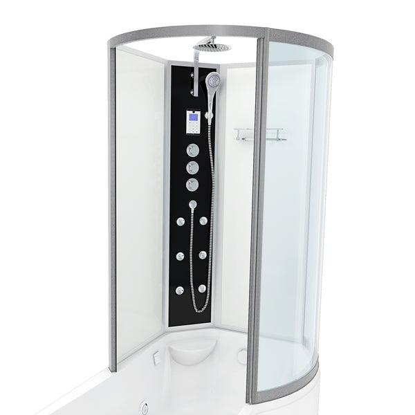 Duschkabine mit integrierter Badewanne, Regenduschkopf, Handbrause, Massagedüsen auf einem schwarzen Paneel und digitalem Bedienfeld.