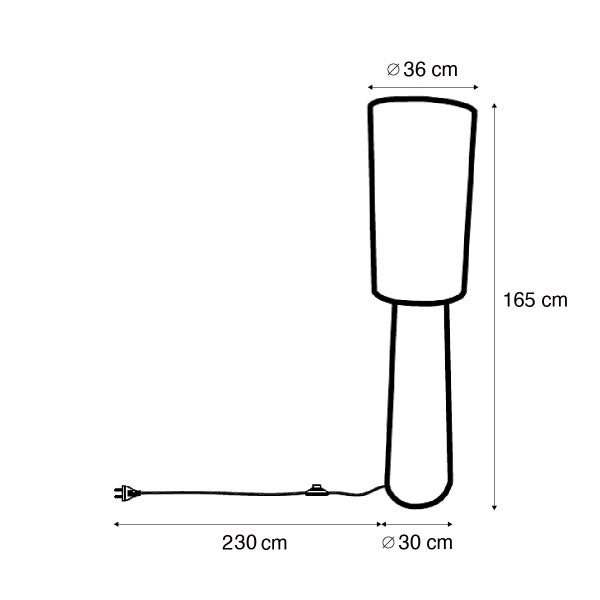 Maße Stehlampe: Gesamthöhe 165 Zentimeter, Schirmdurchmesser 36 Zentimeter, Fußdurchmesser 30 Zentimeter, Kabellänge 230 Zentimeter.