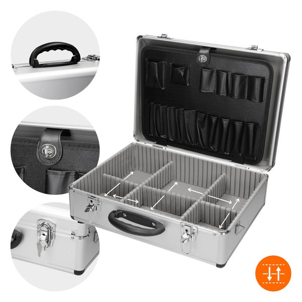 ECD Germany Aluminium-Werkzeugkoffer leer 45,5x15,5x33 cm, mit Metallverschlüssen abschließbar, verstellbare Facheinteilung, Alukoffer Mehrzweck-Koffer Allzweckkoffer Werkzeugkiste Alukiste Organizer