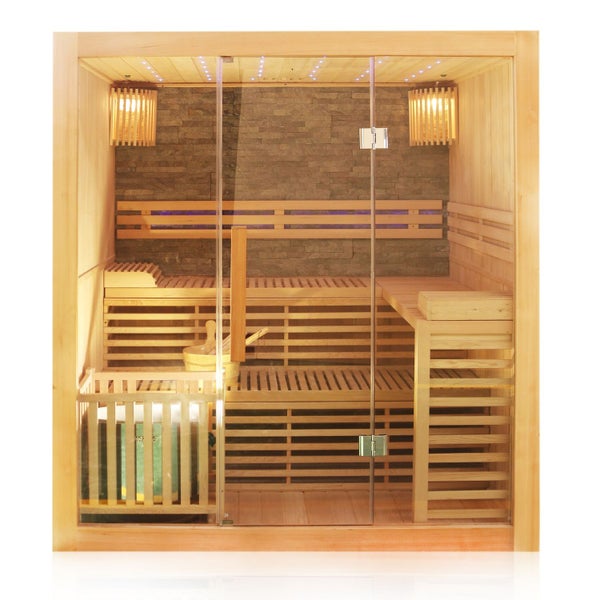 Dewello® Finnische Traditionelle Sauna SARNIA PLUS 180cm x 140cm inkl. 6 KW Harvia Ofen, inkl.  Aufguss-Set, Sanduhr, Thermometer