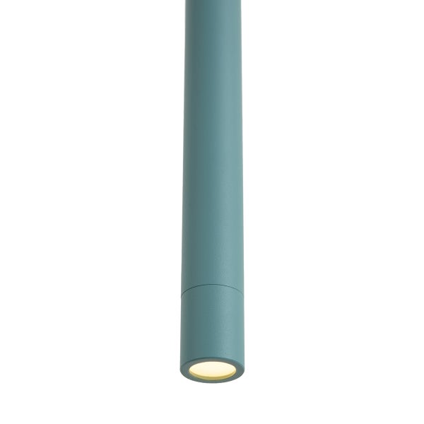 Zylinderförmige Pendelleuchte, röhrenförmige Hängelampe mit warmweißem Lichtaustritt unten.