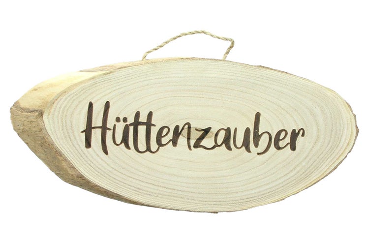 FRANK FLECHTWAREN | Schild Hüttenzauber, PAULOWNIA, HANF, ca. 45 x 21 x 2,5 cm