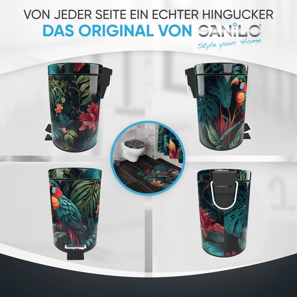 Sanilo Logo. Sanilo Tretmülleimer mit tropischem Papageienmuster von vier Seiten und Badezimmer mit passendem Toilettensitz und Badematte.