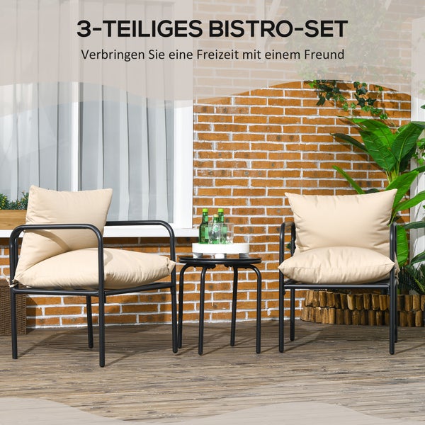 Outsunny 3tlg. Gartenmöbel-Set, Bistro-Set mit 2 Stühlen, 1 Couchtisch, für Balkon, Terrasse, 58L x 58B x 66H cm, Stahl, Beige